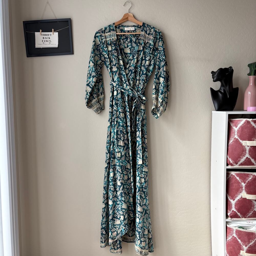 Natalie Martin Dress Silk Floral Wrap Long‎ Sleeve Kate Blue Maxi Dress S - Picture 2 of 11